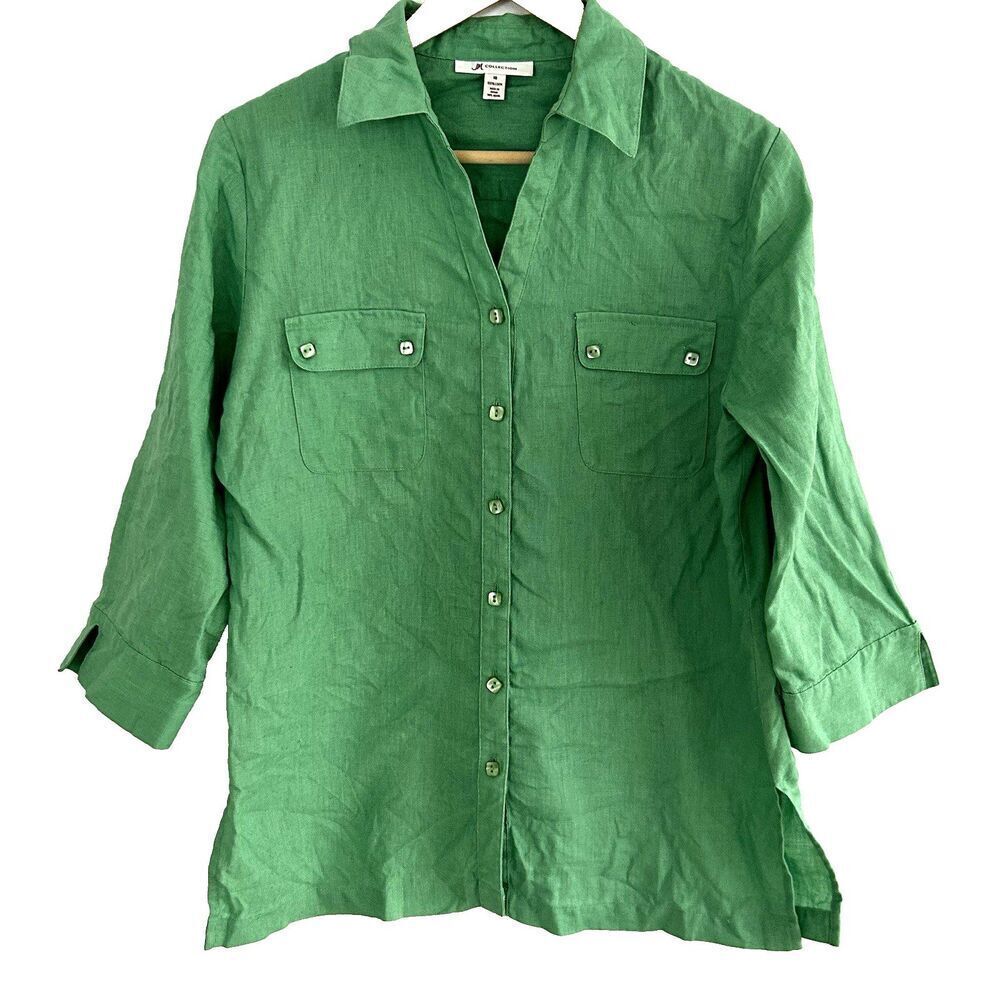 JM Collection 100% Linen Button Up Top Size 10 Green Square Buttons St. Patrick